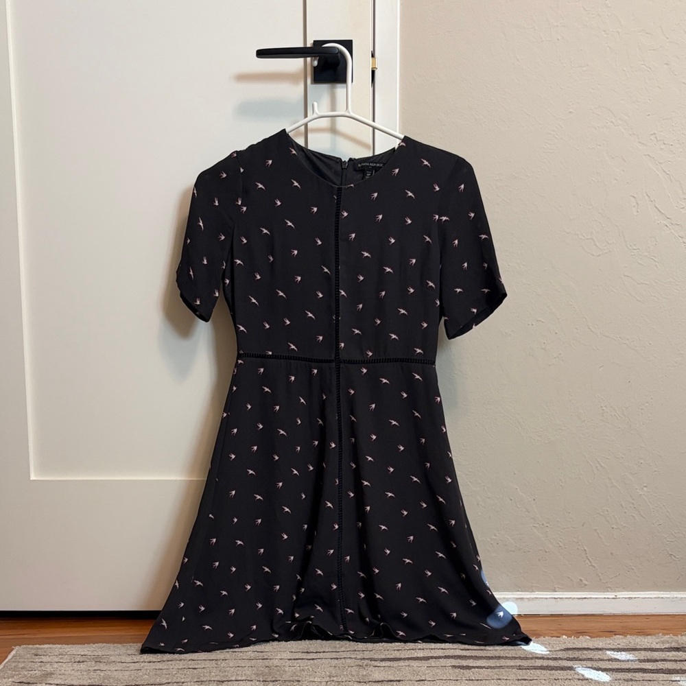 Banana Republic Black Short Sleeve Fit-and-Flare Dress with Pink Bird Print